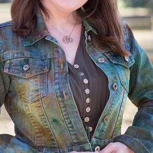 Tie dyed, cropped denim jacket. Size small.